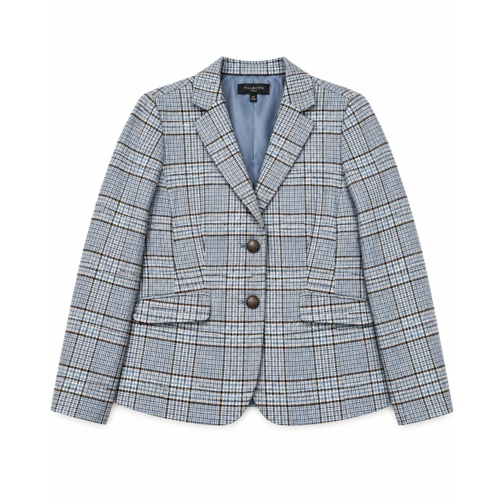 Talbots Petite Wool Blend Plaid Blazer Women's 8P Blue Houndstooth Preppy NWOT